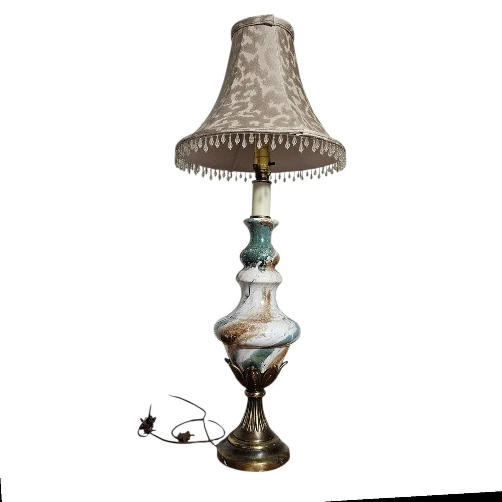 Mid Century Antique Marble Table Lamp W/ Beaded VictorianShade Brass Base Urn